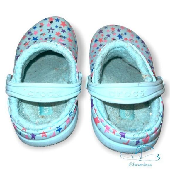 Crocs Teal Star Faux Fur Lined Clog Sandals Youth Size 9 - Picture 2 of 9